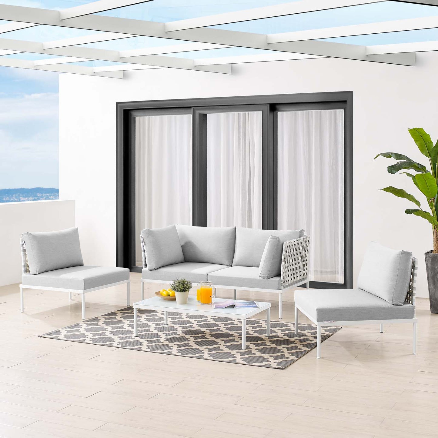 Harmony 4-Piece Sunbrella® Basket Weave Outdoor Patio Aluminum Seating Set, Aluminum, Metal, Steel, Grey Gray, 20425