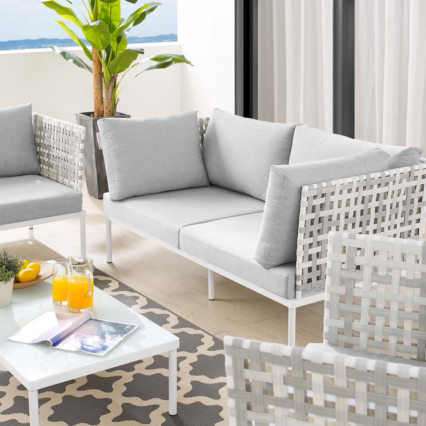 Harmony 5-Piece Sunbrella® Basket Weave Outdoor Patio Aluminum Seating Set, Aluminum, Metal, Steel, Grey Gray, 20433