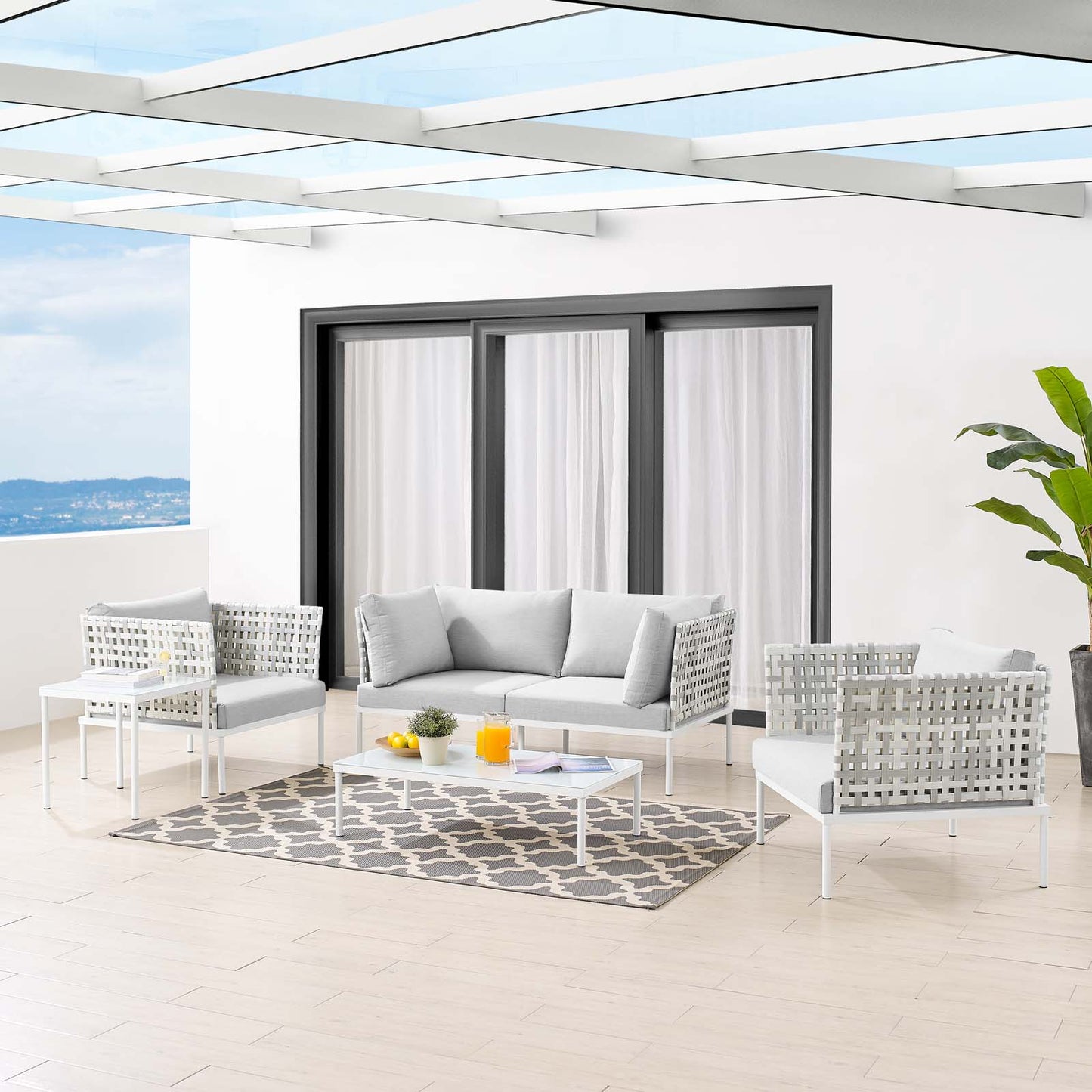 Harmony 5-Piece Sunbrella® Basket Weave Outdoor Patio Aluminum Seating Set, Aluminum, Metal, Steel, Grey Gray, 20433