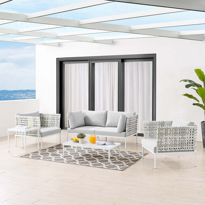 Harmony 5-Piece Sunbrella® Basket Weave Outdoor Patio Aluminum Seating Set, Aluminum, Metal, Steel, Grey Gray, 20433
