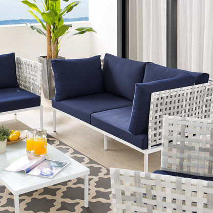 Harmony 5-Piece Sunbrella® Basket Weave Outdoor Patio Aluminum Seating Set, Aluminum, Metal, Steel, Blue Navy, 20434