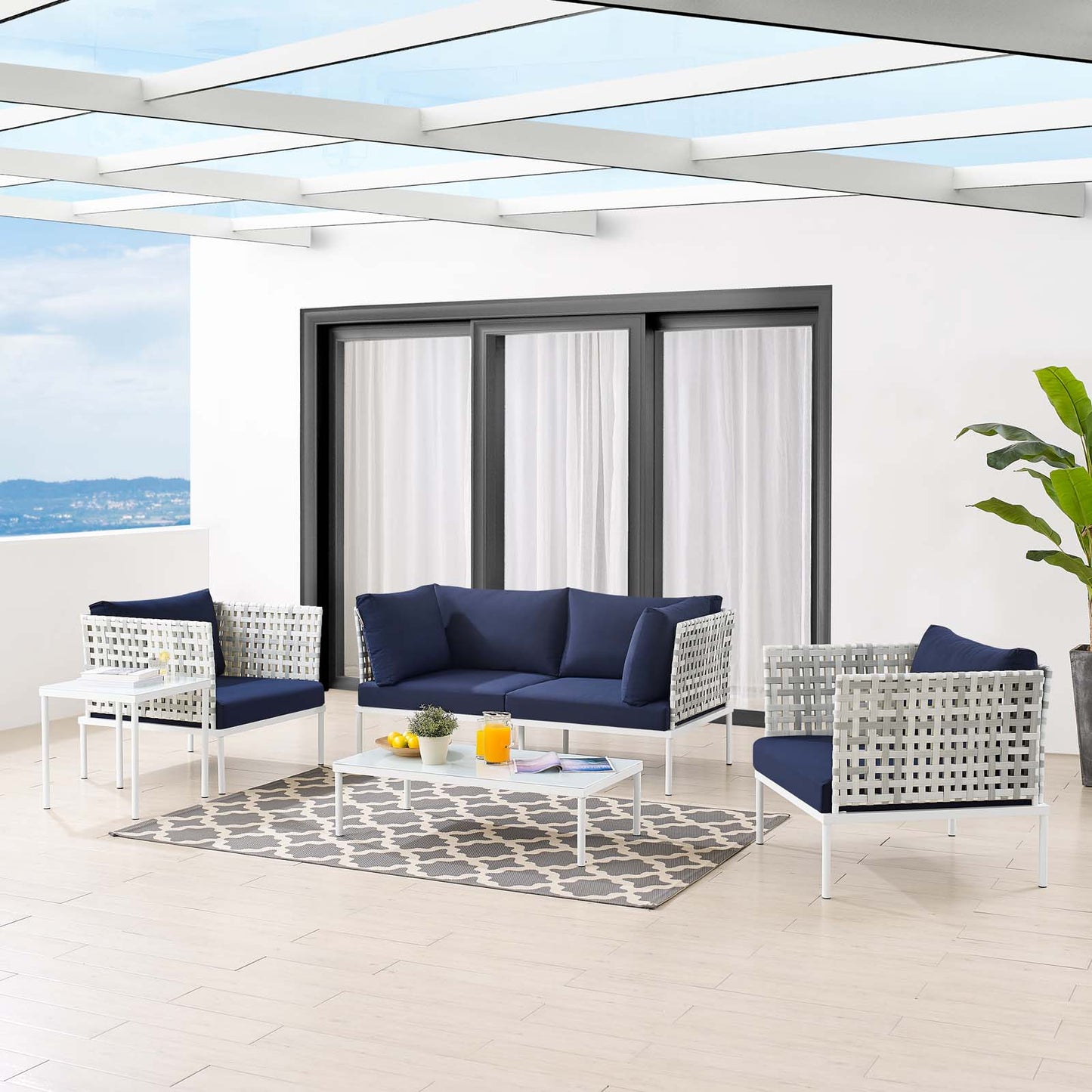 Harmony 5-Piece Sunbrella® Basket Weave Outdoor Patio Aluminum Seating Set, Aluminum, Metal, Steel, Blue Navy, 20434