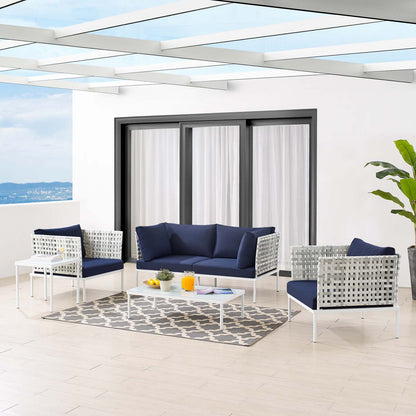 Harmony 5-Piece Sunbrella® Basket Weave Outdoor Patio Aluminum Seating Set, Aluminum, Metal, Steel, Blue Navy, 20434