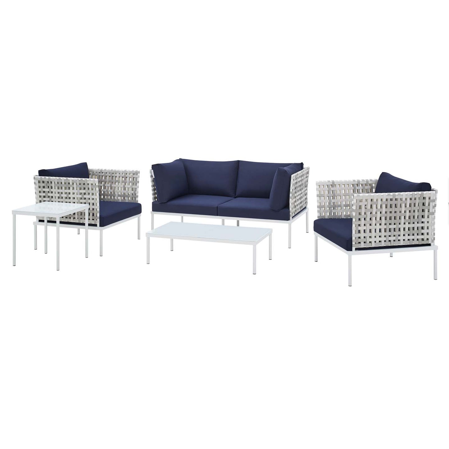 Harmony 5-Piece Sunbrella® Basket Weave Outdoor Patio Aluminum Seating Set, Aluminum, Metal, Steel, Blue Navy, 20434