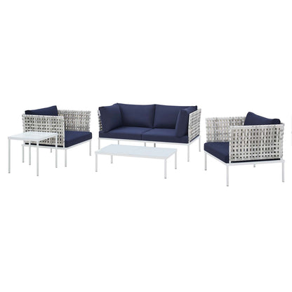 Harmony 5-Piece Sunbrella® Basket Weave Outdoor Patio Aluminum Seating Set, Aluminum, Metal, Steel, Blue Navy, 20434