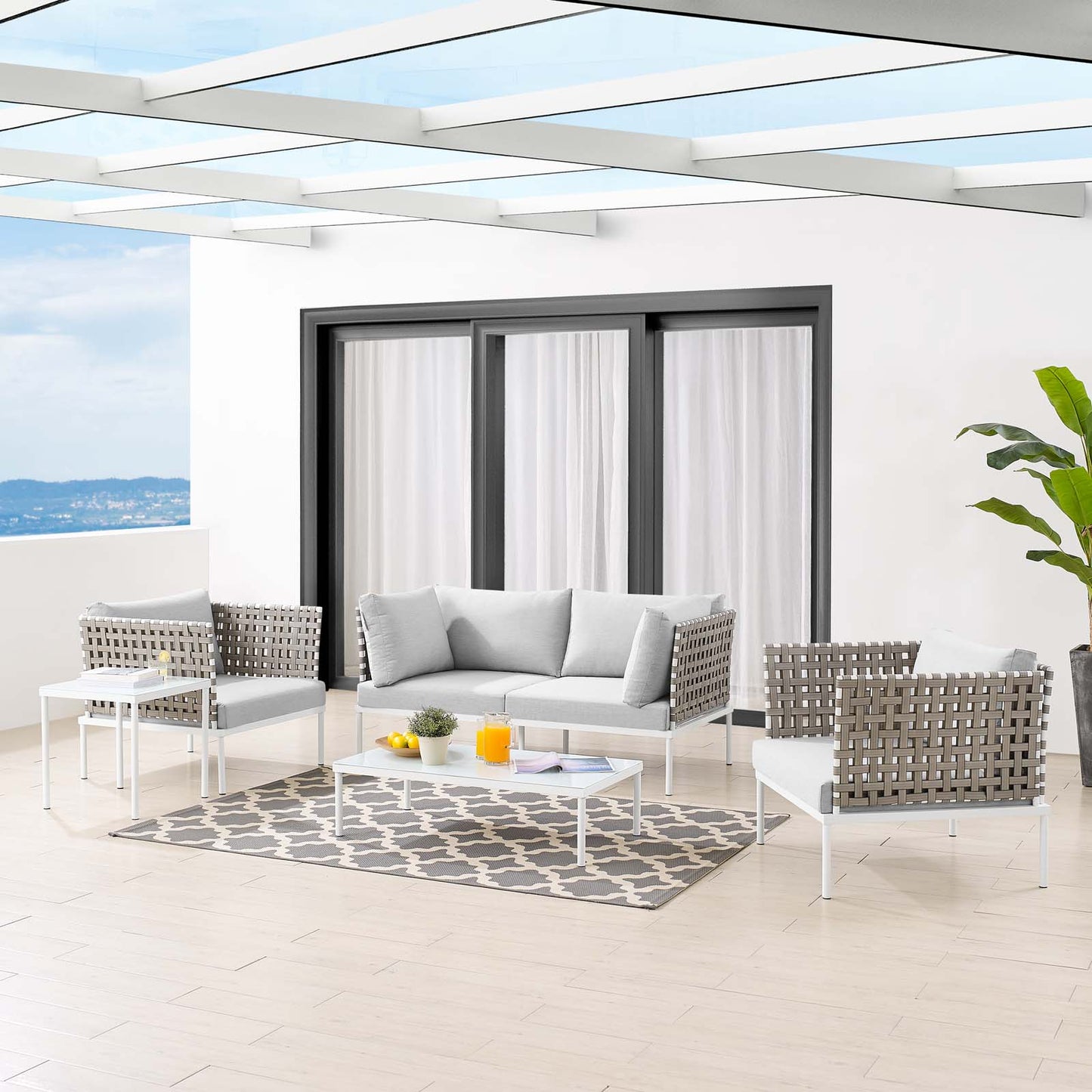 Harmony 5-Piece Sunbrella® Basket Weave Outdoor Patio Aluminum Seating Set, Aluminum, Metal, Steel, Grey Gray, 20435