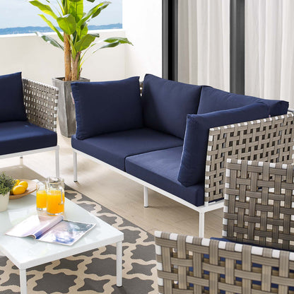 Harmony 5-Piece Sunbrella® Basket Weave Outdoor Patio Aluminum Seating Set, Aluminum, Metal, Steel, Blue Navy, 20436