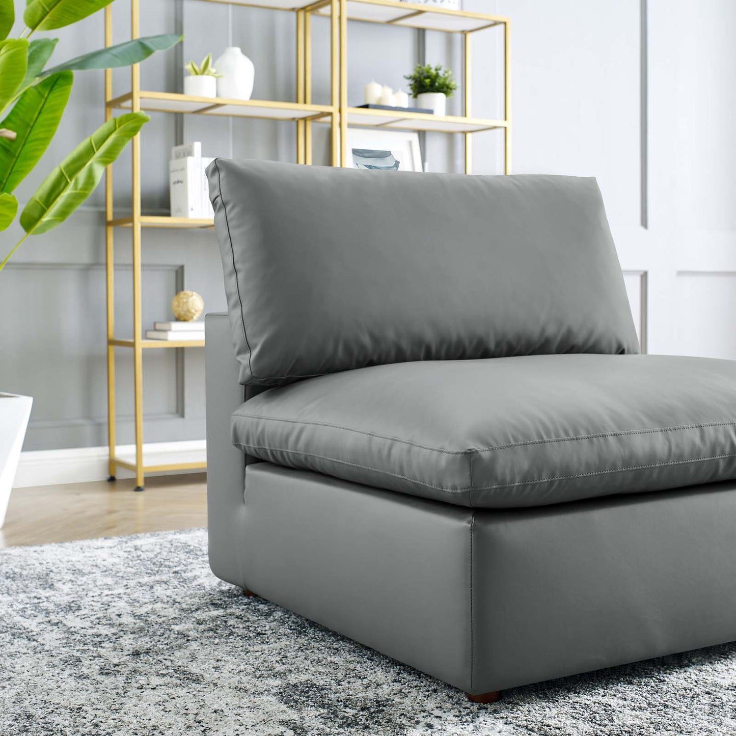 Commix Down Filled Overstuffed Vegan Leather Armless Chair, Faux Vegan Leather, Grey Gray, 20437
