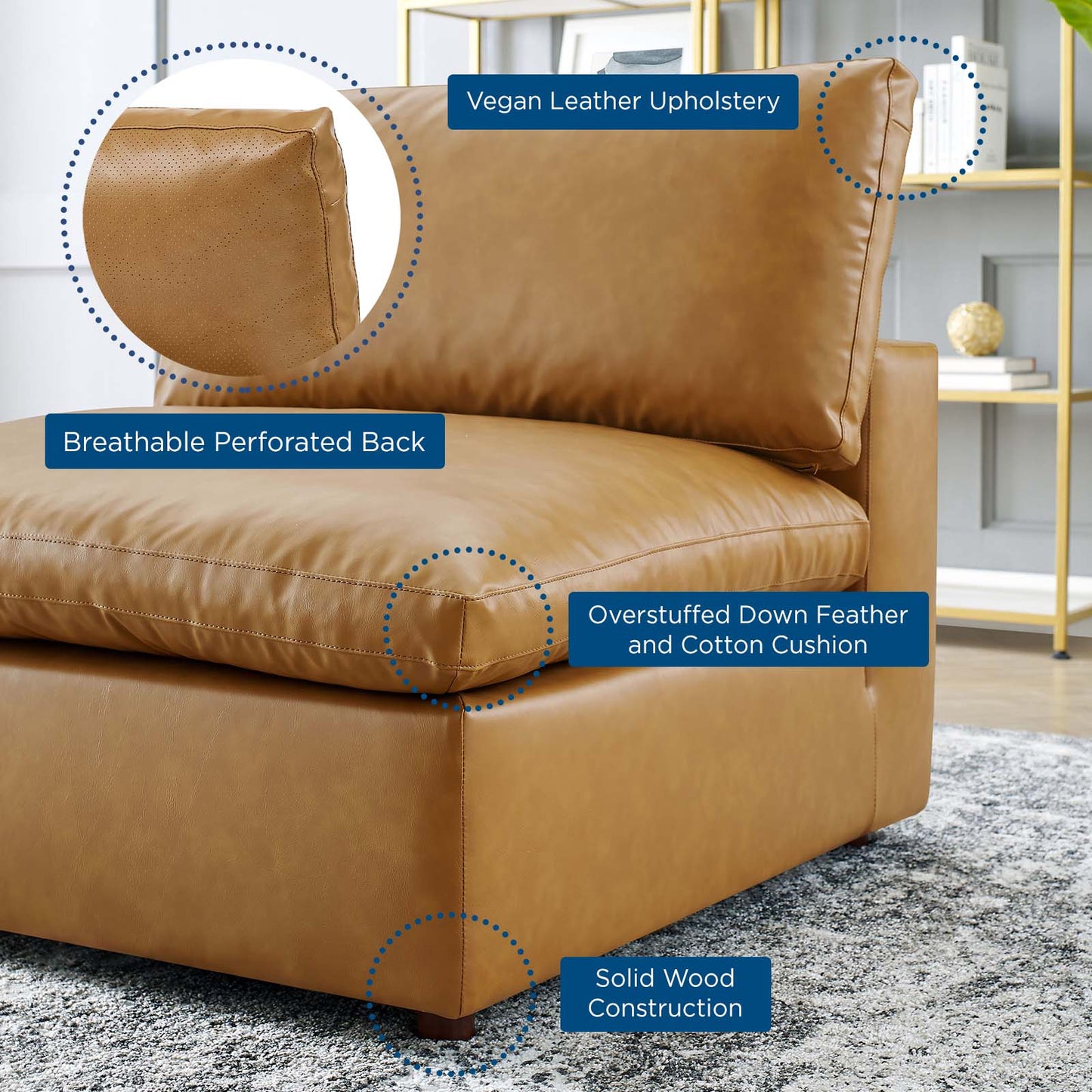 Commix Down Filled Overstuffed Vegan Leather Armless Chair, Faux Vegan Leather, Tan, 20438