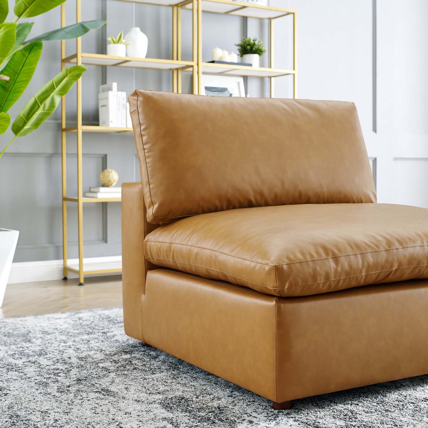 Commix Down Filled Overstuffed Vegan Leather Armless Chair, Faux Vegan Leather, Tan, 20438