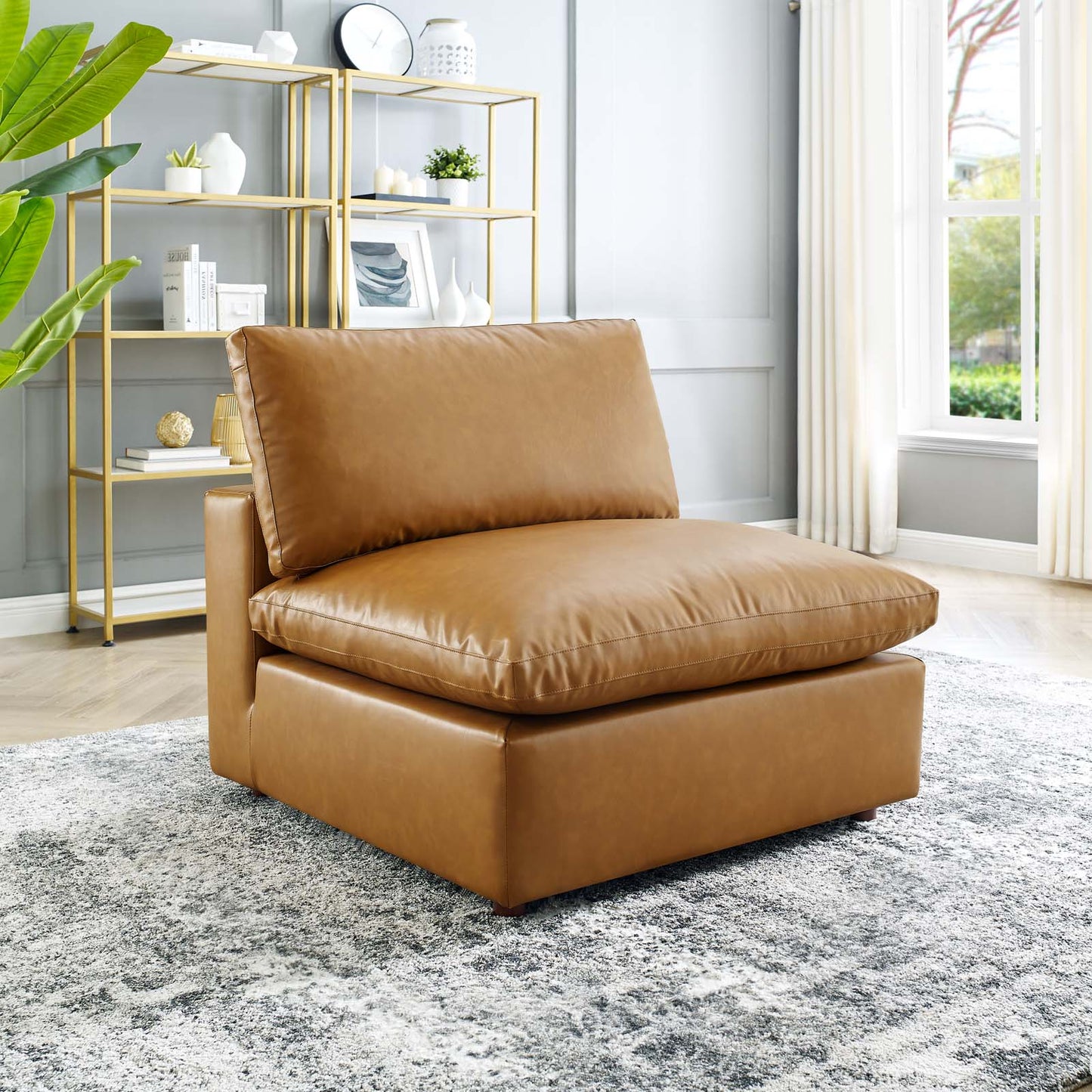 Commix Down Filled Overstuffed Vegan Leather Armless Chair, Faux Vegan Leather, Tan, 20438
