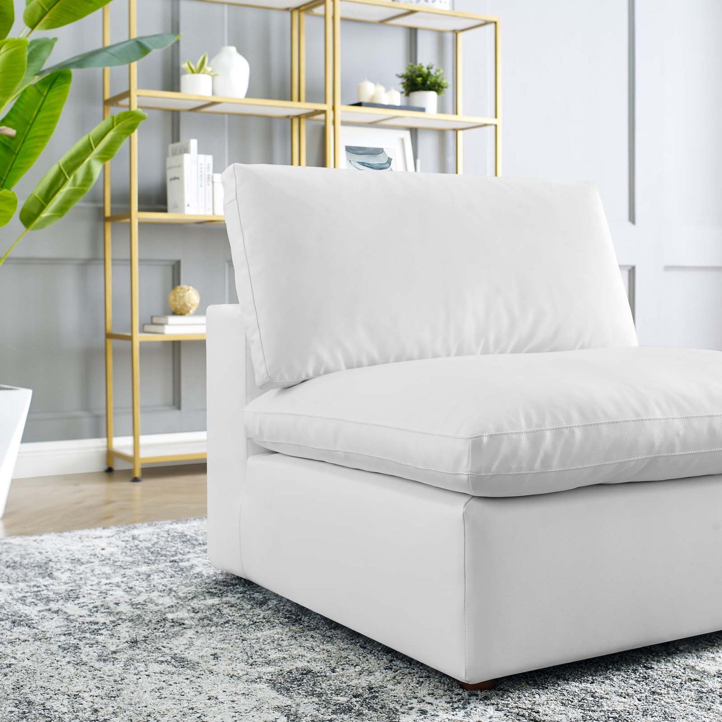 Commix Down Filled Overstuffed Vegan Leather Armless Chair, Faux Vegan Leather, White, 20439