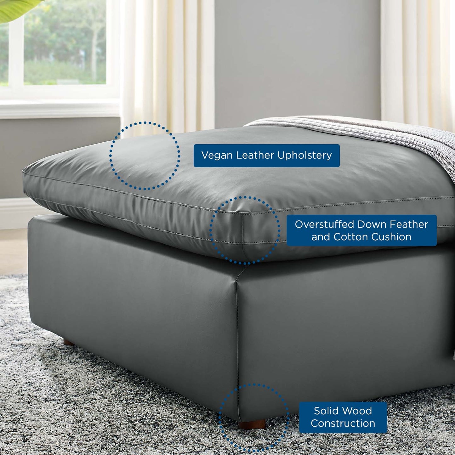 Commix Down Filled Overstuffed Vegan Leather Ottoman, Faux Vegan Leather, Grey Gray, 20440