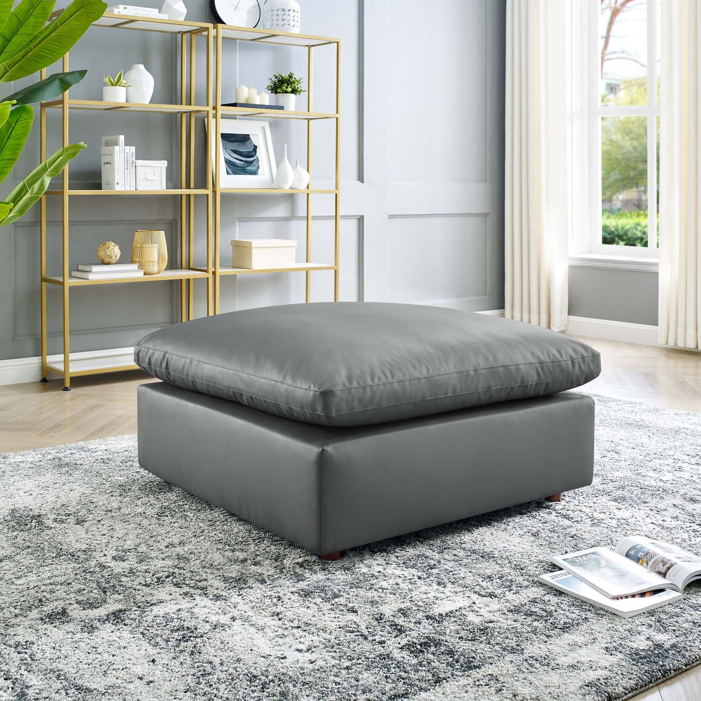Commix Down Filled Overstuffed Vegan Leather Ottoman, Faux Vegan Leather, Grey Gray, 20440