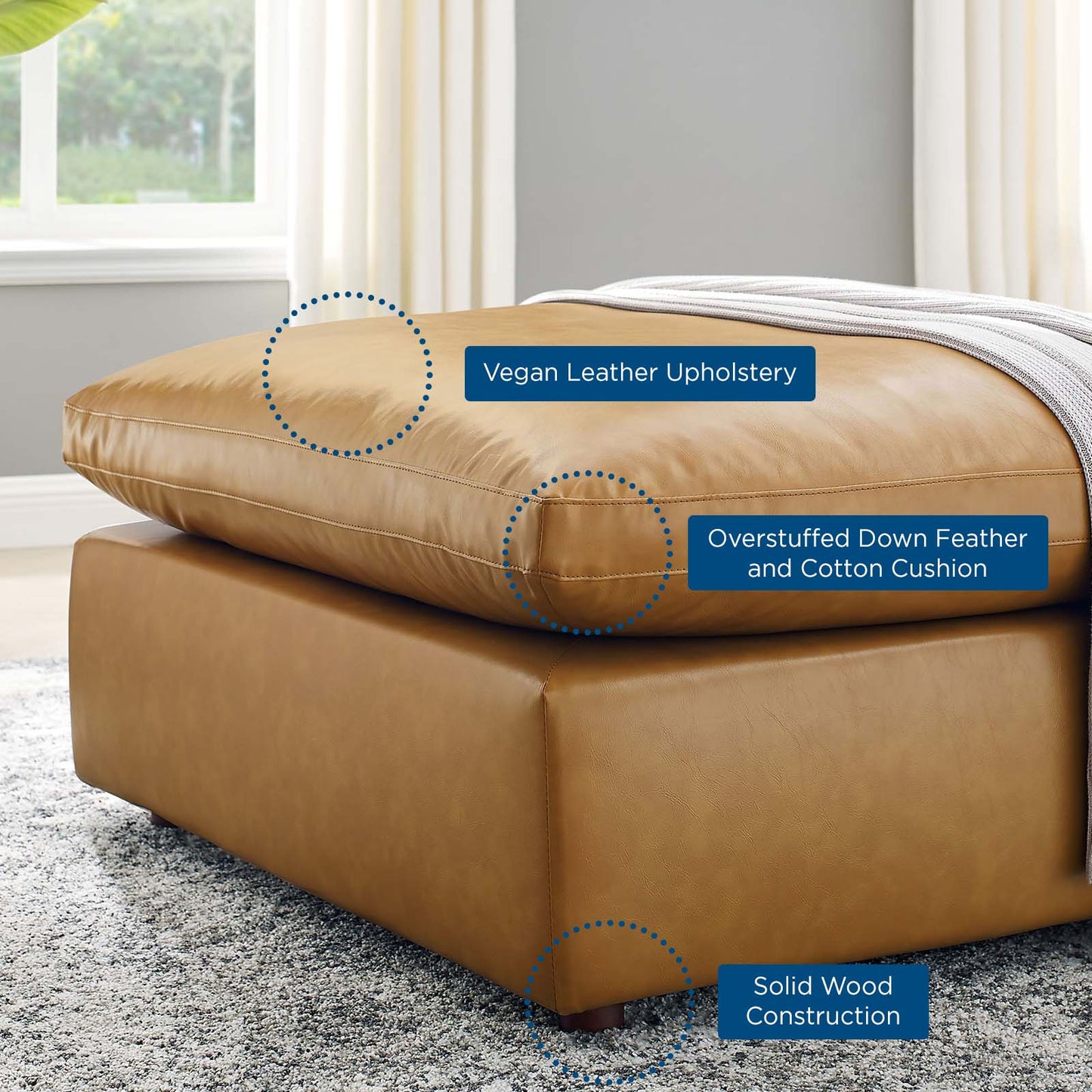 Commix Down Filled Overstuffed Vegan Leather Ottoman, Faux Vegan Leather, Tan, 20441