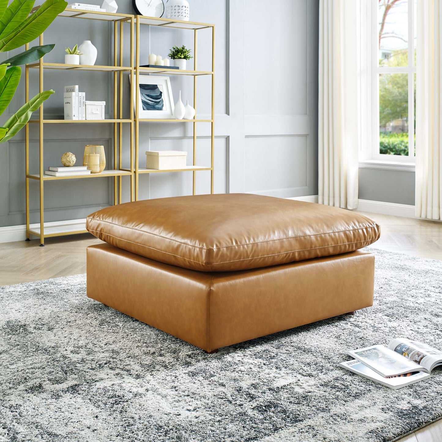 Commix Down Filled Overstuffed Vegan Leather Ottoman, Faux Vegan Leather, Tan, 20441