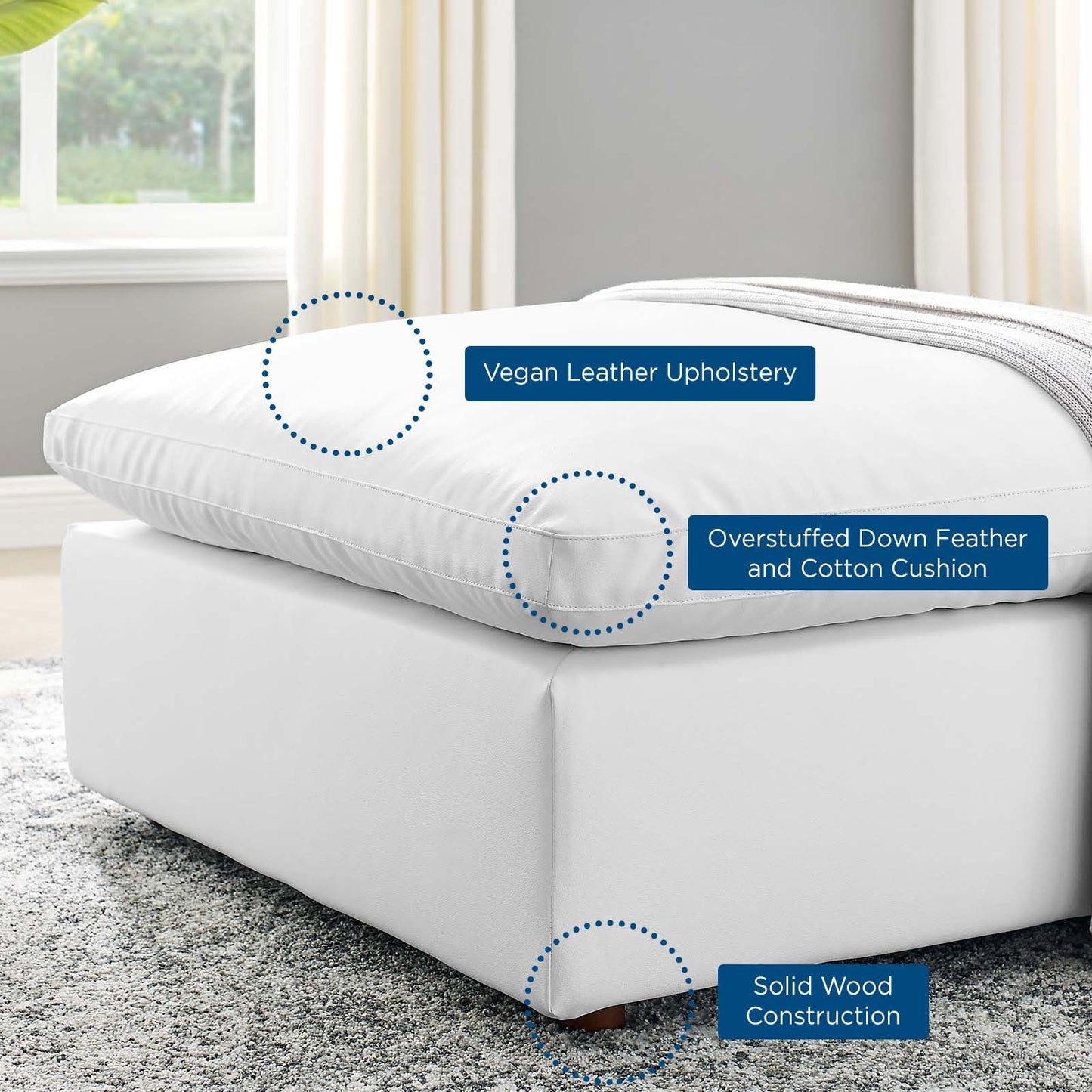 Commix Down Filled Overstuffed Vegan Leather Ottoman, Faux Vegan Leather, White, 20442