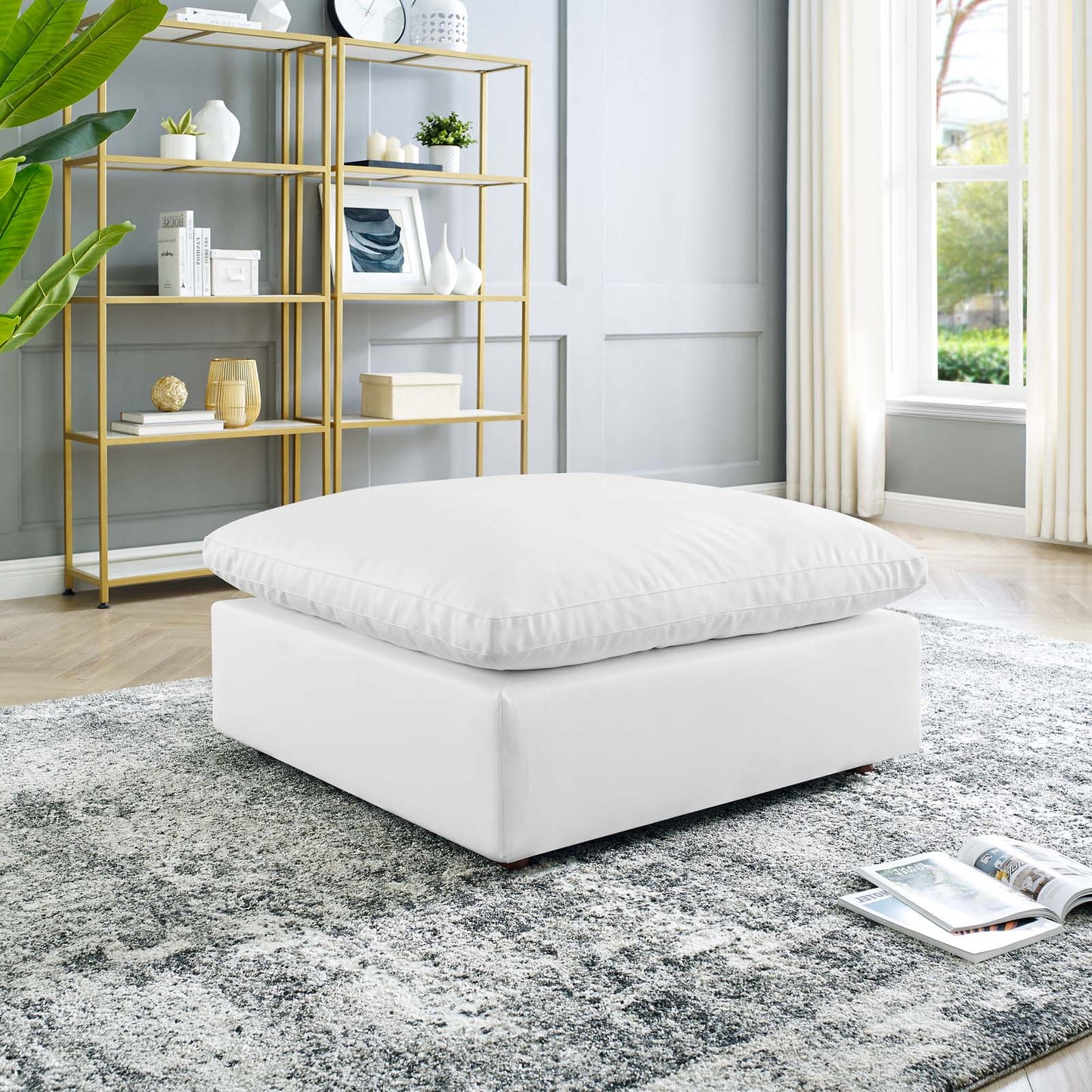 Commix Down Filled Overstuffed Vegan Leather Ottoman, Faux Vegan Leather, White, 20442