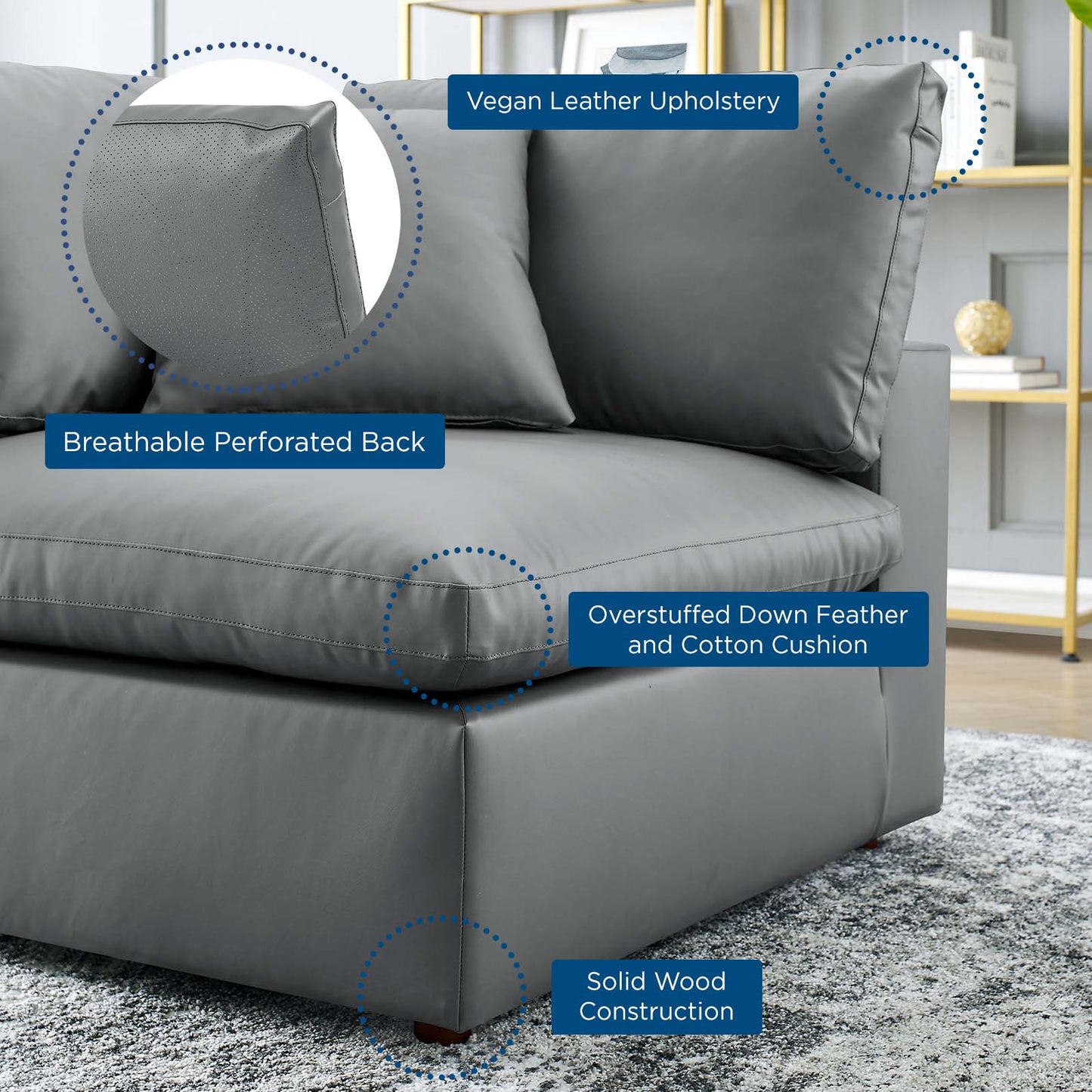 Commix Down Filled Overstuffed Vegan Leather Corner Chair, Faux Vegan Leather, Grey Gray, 20443
