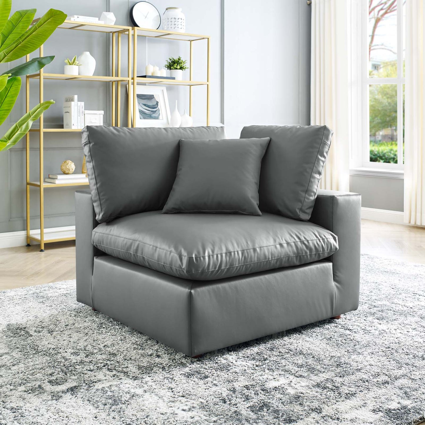 Commix Down Filled Overstuffed Vegan Leather Corner Chair, Faux Vegan Leather, Grey Gray, 20443