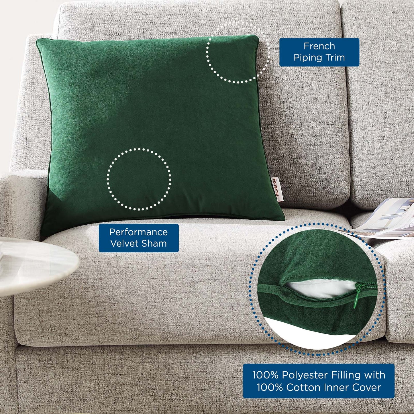 Enhance 18" Performance Velvet Throw Pillow, Velvet, Green, 20448