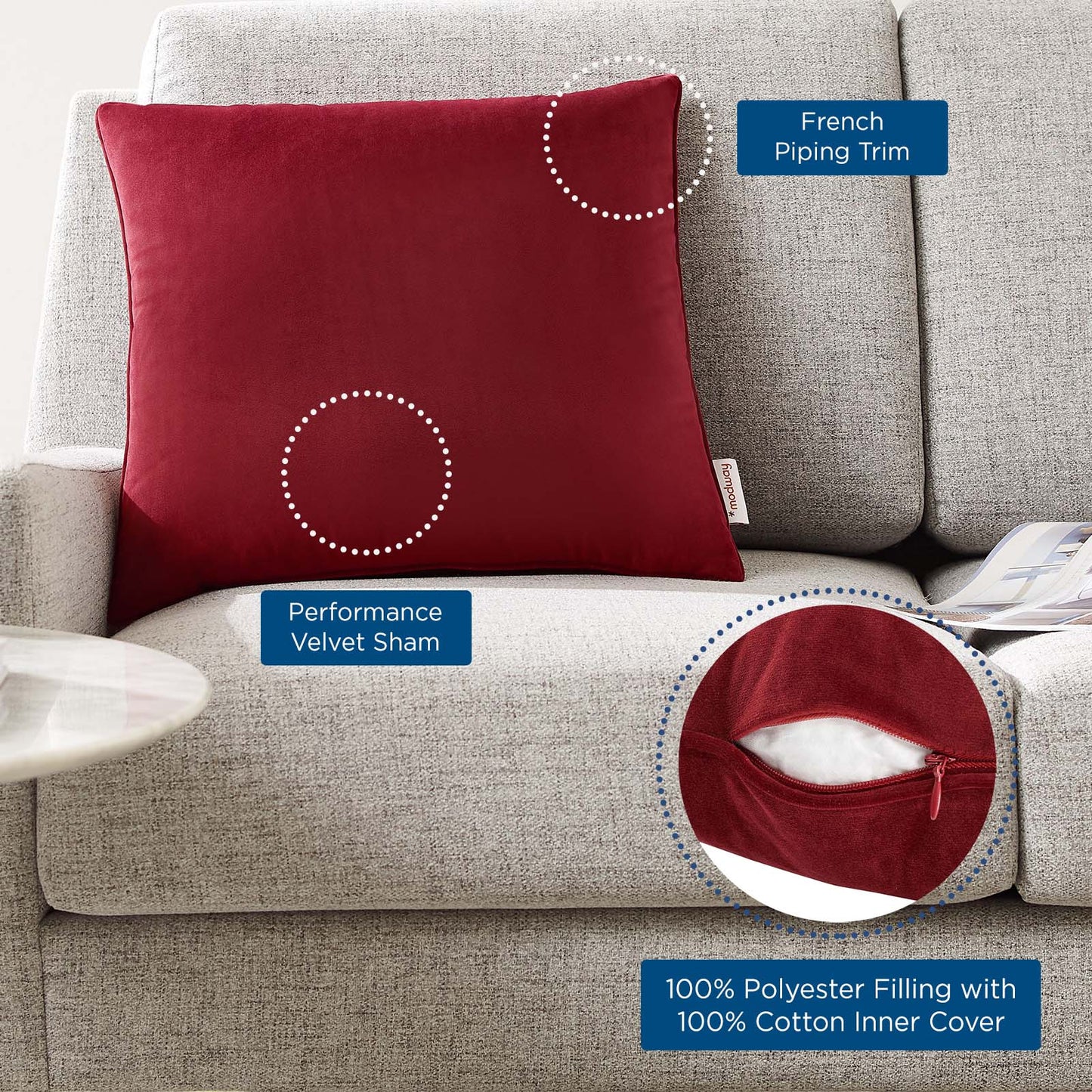 Enhance 18" Performance Velvet Throw Pillow, Velvet, Red, 20450