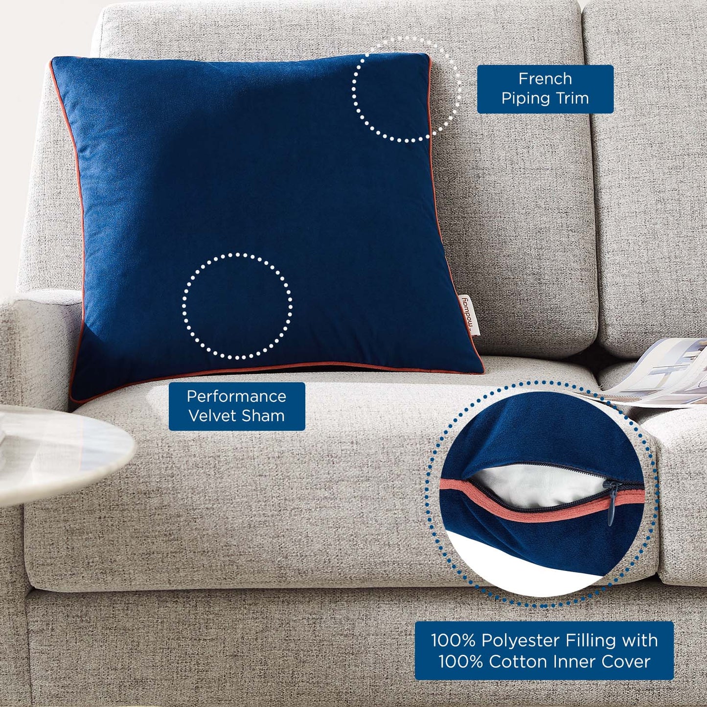 Accentuate 18" Performance Velvet Throw Pillow, Velvet, Blue Navy Pink, 20455