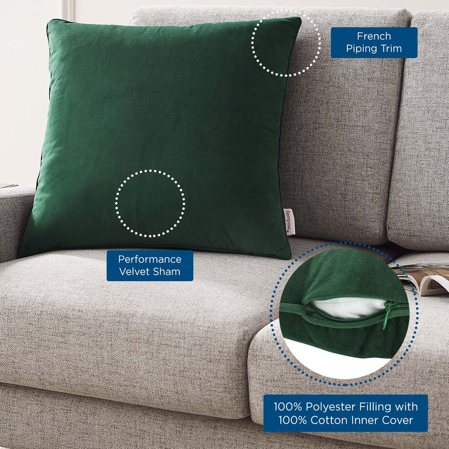 Enhance 20" Performance Velvet Throw Pillow, Velvet, Green, 20458