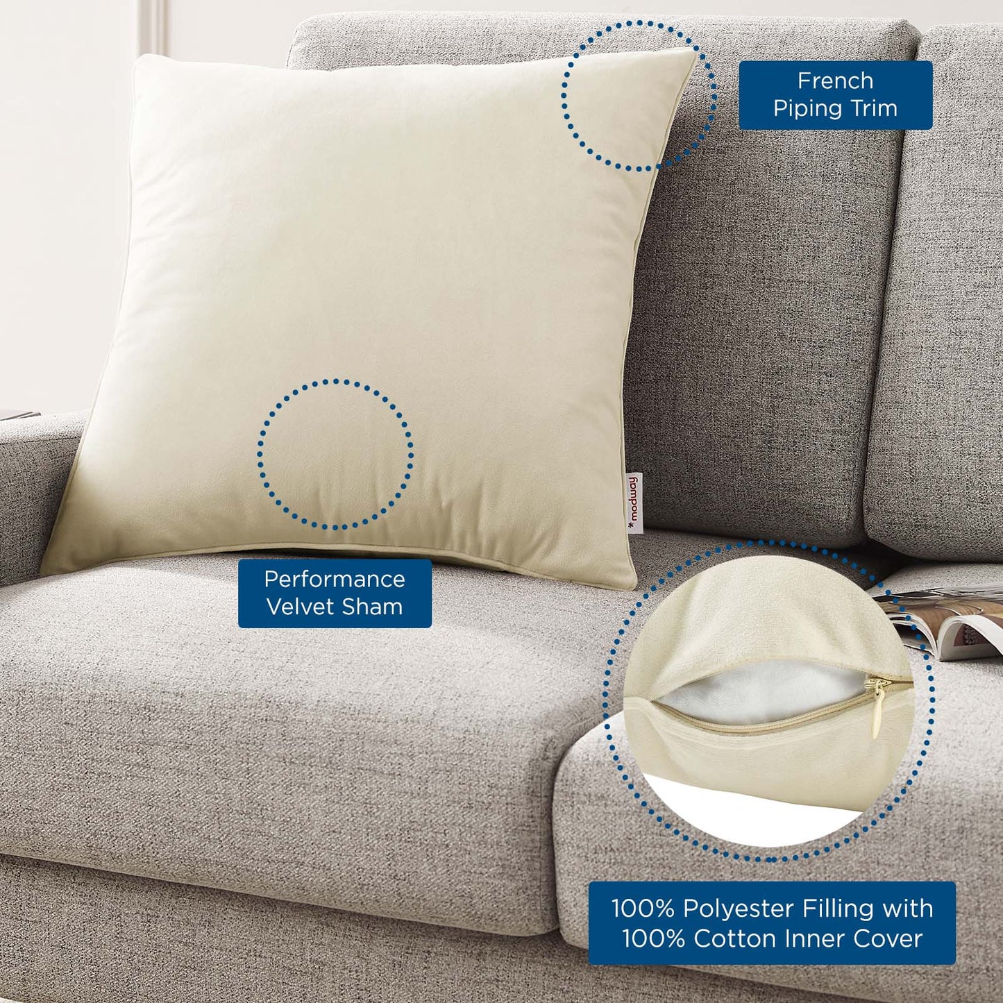 Enhance 20" Performance Velvet Throw Pillow, Velvet, Ivory White, 20459
