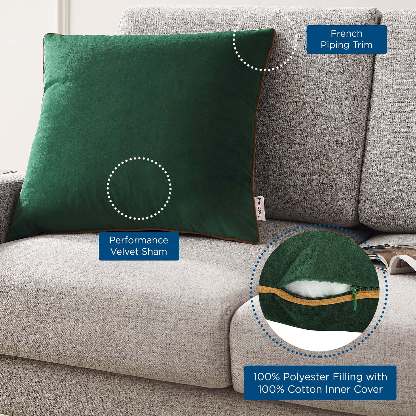 Accentuate 20" Performance Velvet Throw Pillow, Velvet, Green Brown, 20464