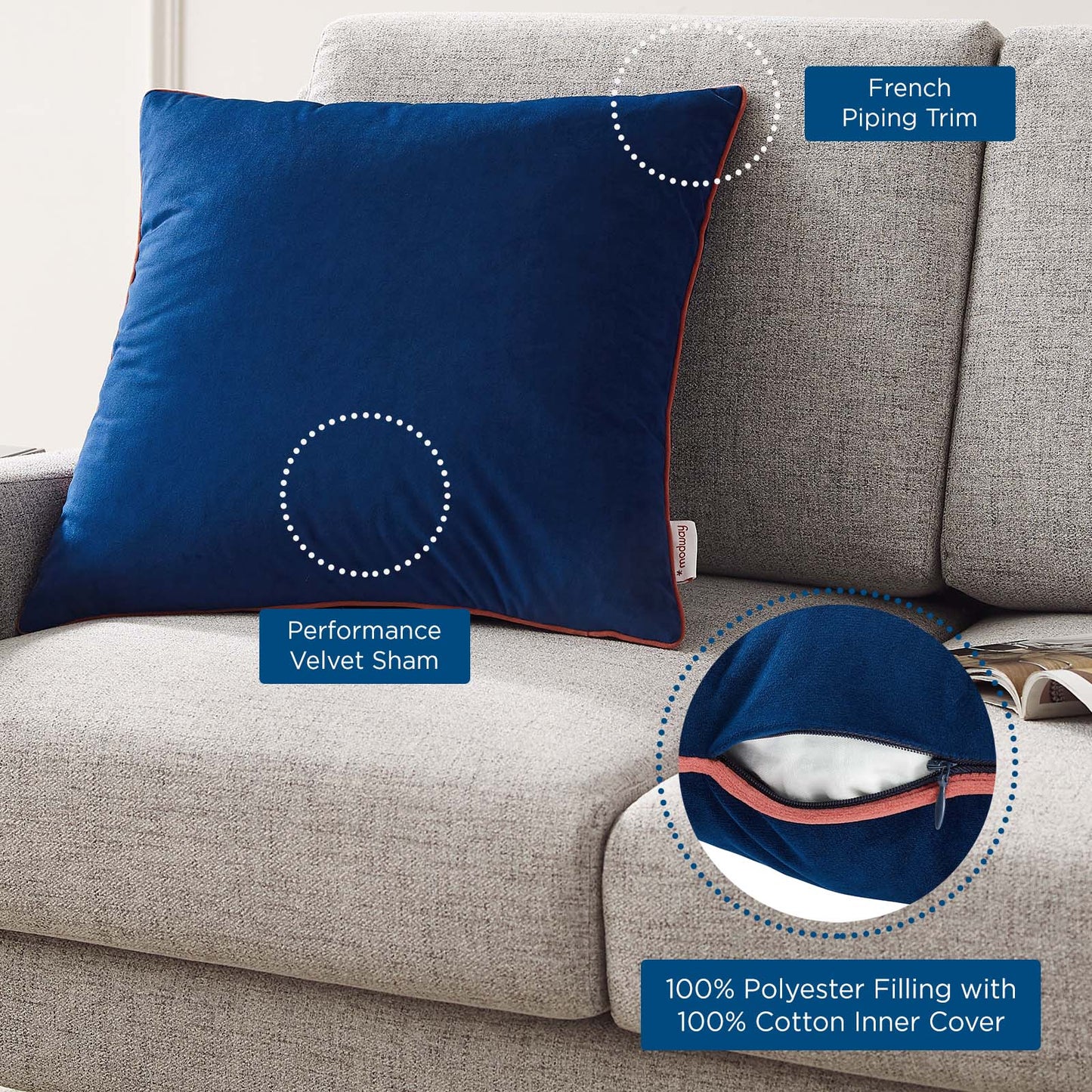 Accentuate 20" Performance Velvet Throw Pillow, Velvet, Blue Navy Pink, 20465