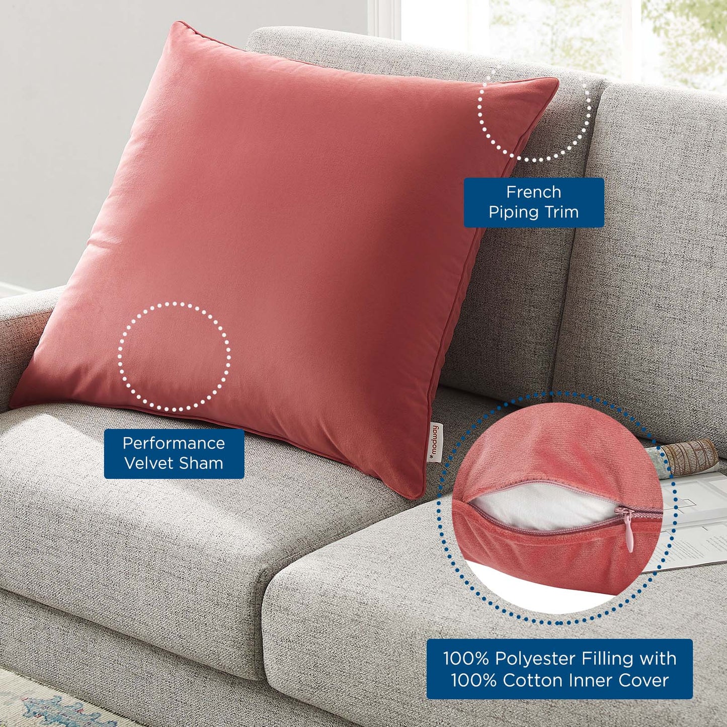 Enhance 24" Performance Velvet Throw Pillow, Velvet, Red, 20466
