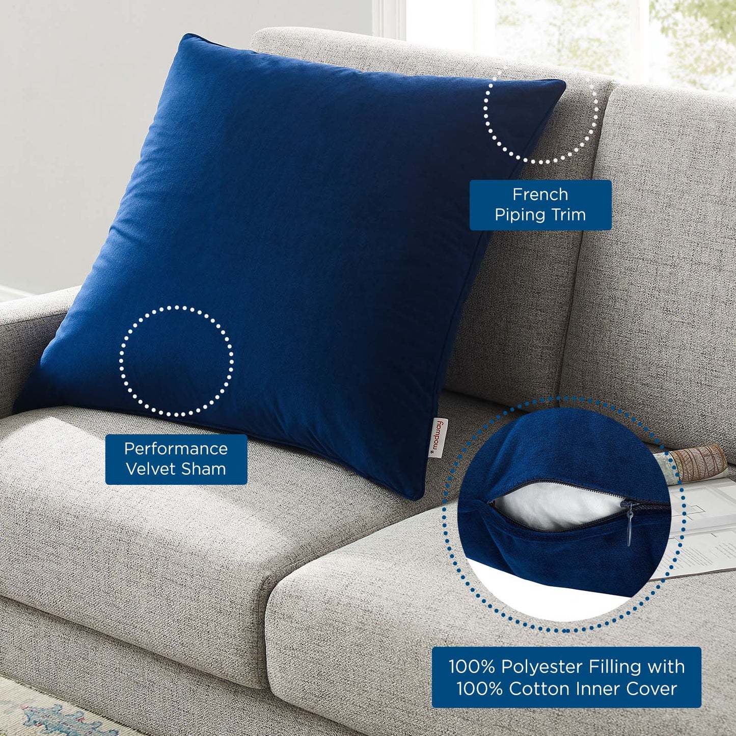 Enhance 24" Performance Velvet Throw Pillow, Velvet, Blue Navy, 20471