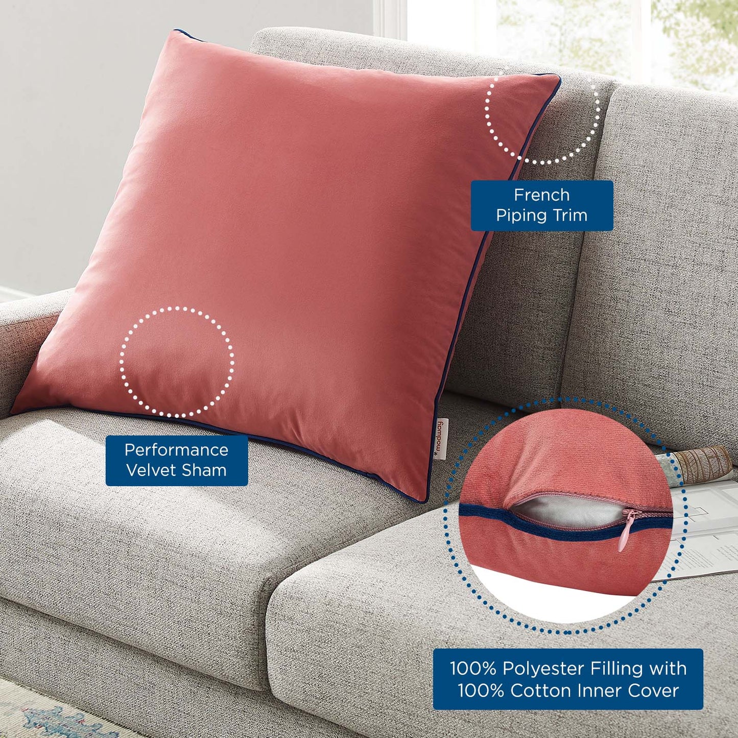 Accentuate 24" Performance Velvet Throw Pillow, Velvet, Red, 20472