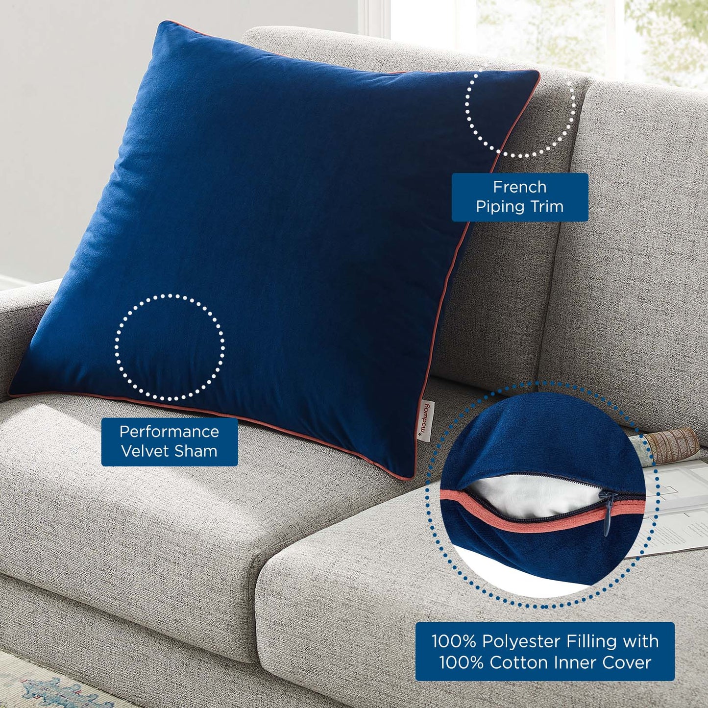 Accentuate 24" Performance Velvet Throw Pillow, Velvet, Blue Navy Pink, 20475