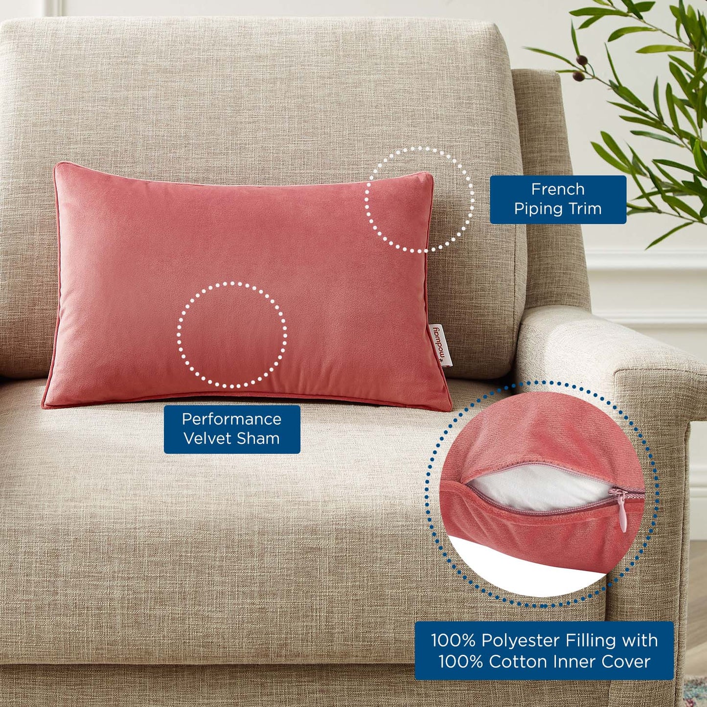 Enhance 18" Lumbar Performance Velvet Throw Pillow, Velvet, Red, 20476