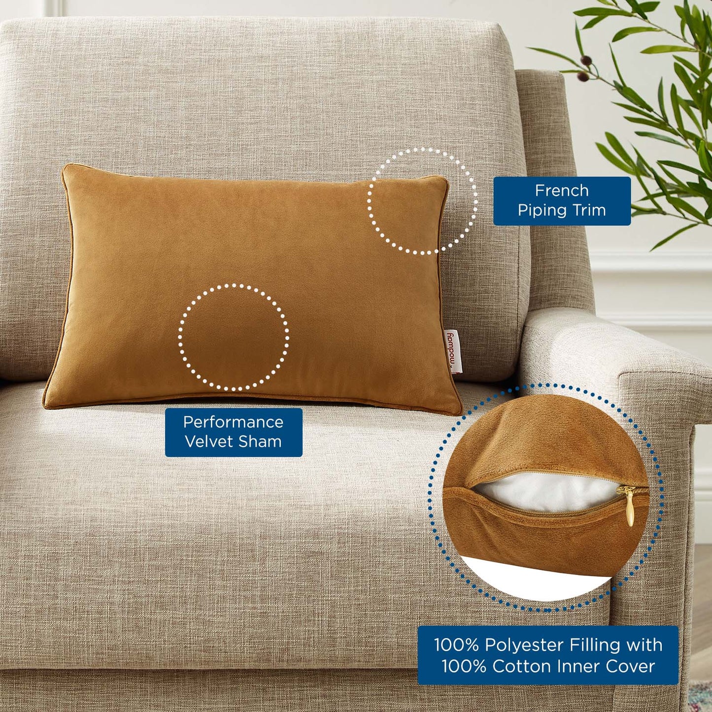 Enhance 18" Lumbar Performance Velvet Throw Pillow, Velvet, Brown, 20477
