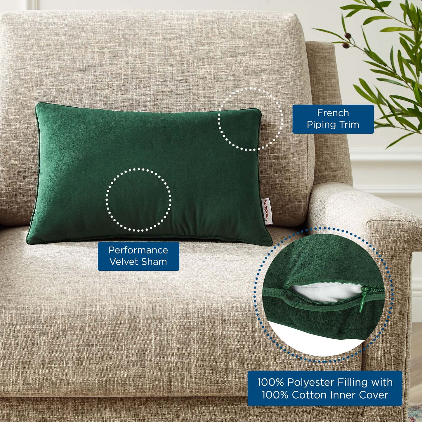 Enhance 18" Lumbar Performance Velvet Throw Pillow, Velvet, Green, 20478