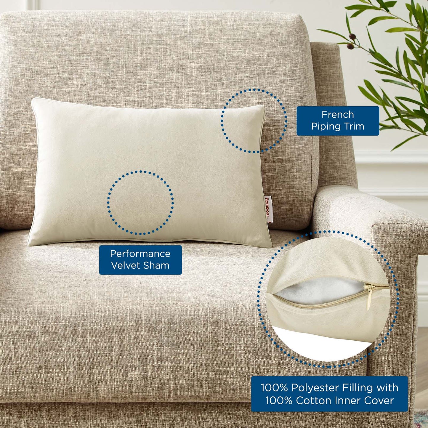 Enhance 18" Lumbar Performance Velvet Throw Pillow, Velvet, Ivory White, 20479