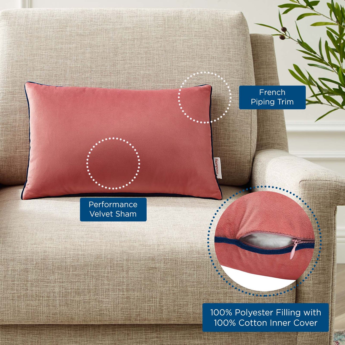 Accentuate 18" Lumbar Performance Velvet Throw Pillow, Velvet, Red, 20482