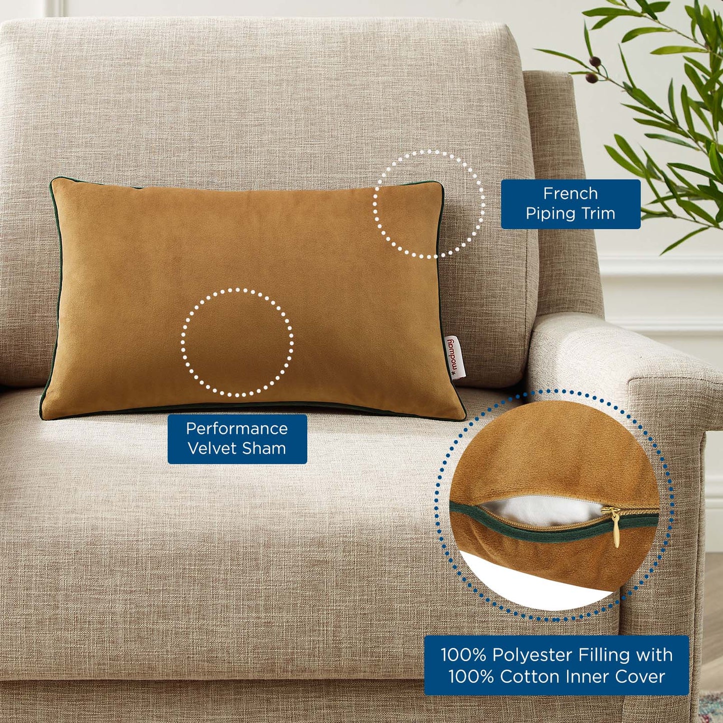 Accentuate 18" Lumbar Performance Velvet Throw Pillow, Velvet, Brown Green, 20483