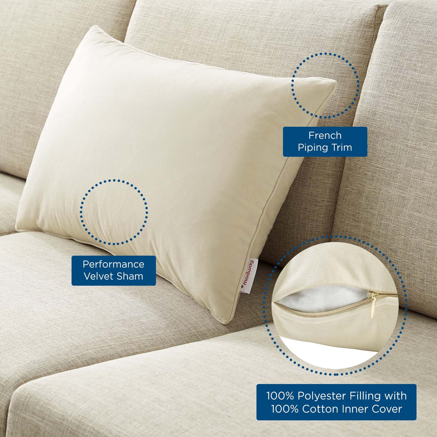Enhance 24" Lumbar Performance Velvet Throw Pillow, Velvet, Ivory White, 20489