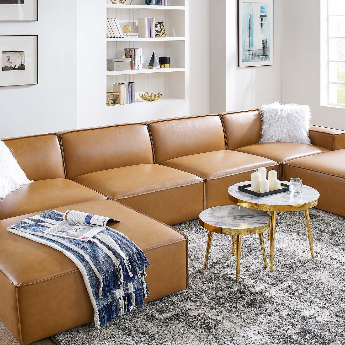 Restore 6-Piece Vegan Leather Sectional Sofa, Faux Vegan Leather, Tan, 20502
