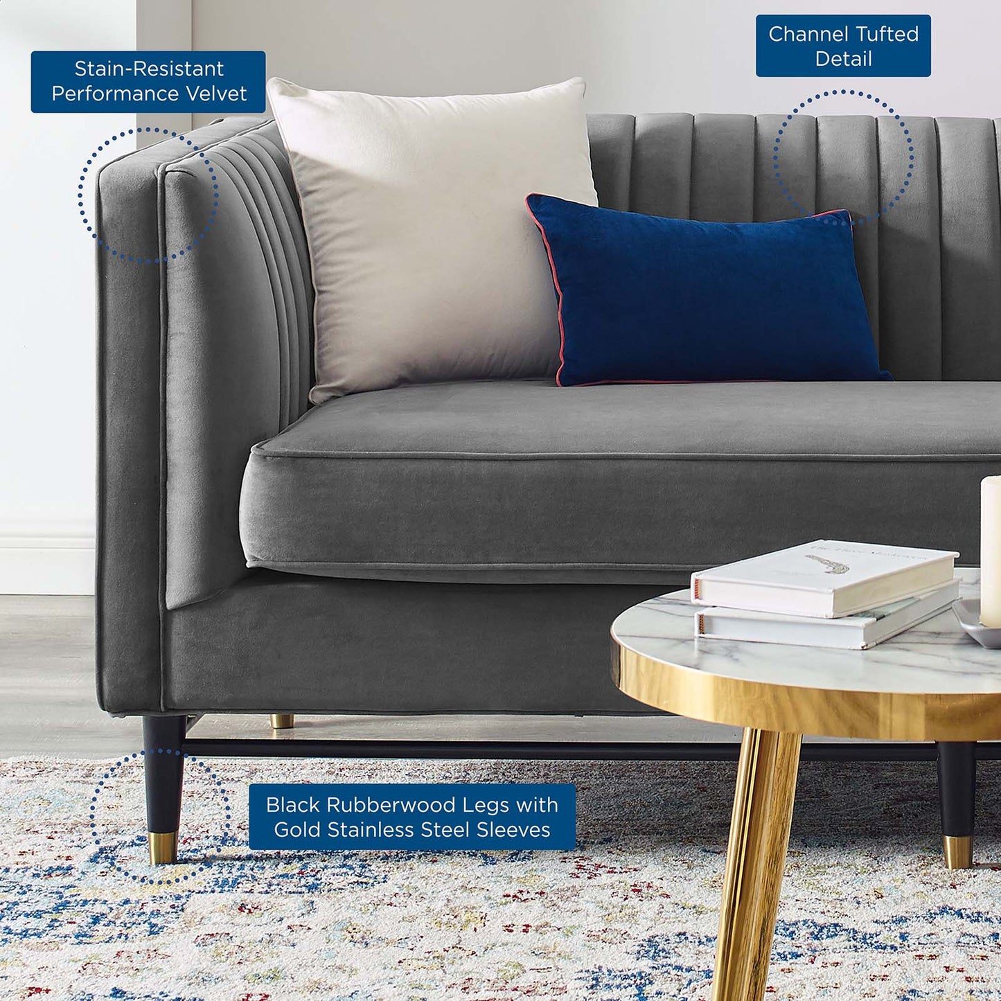Devote Channel Tufted Performance Velvet Loveseat, Velvet, Grey Gray, 20510