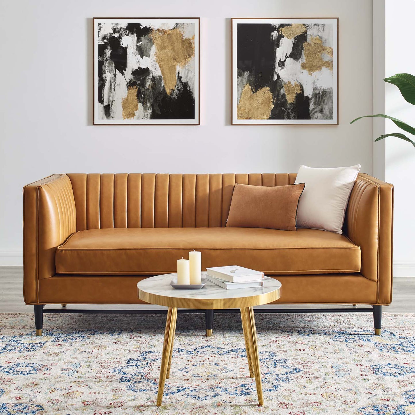 Devote Channel Tufted Vegan Leather Loveseat, Faux Vegan Leather, Tan, 20511