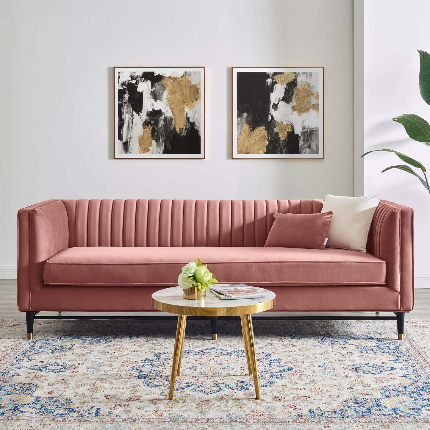 Devote Channel Tufted Performance Velvet Sofa, Velvet, Pink, 20513
