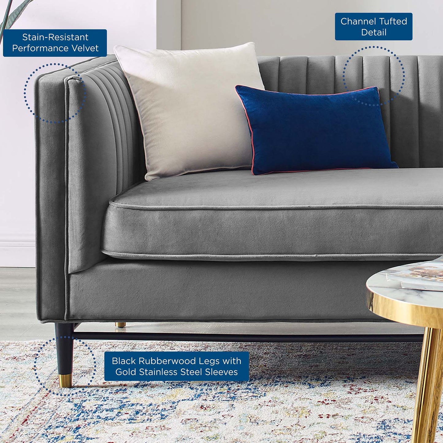Devote Channel Tufted Performance Velvet Sofa, Velvet, Grey Gray, 20515
