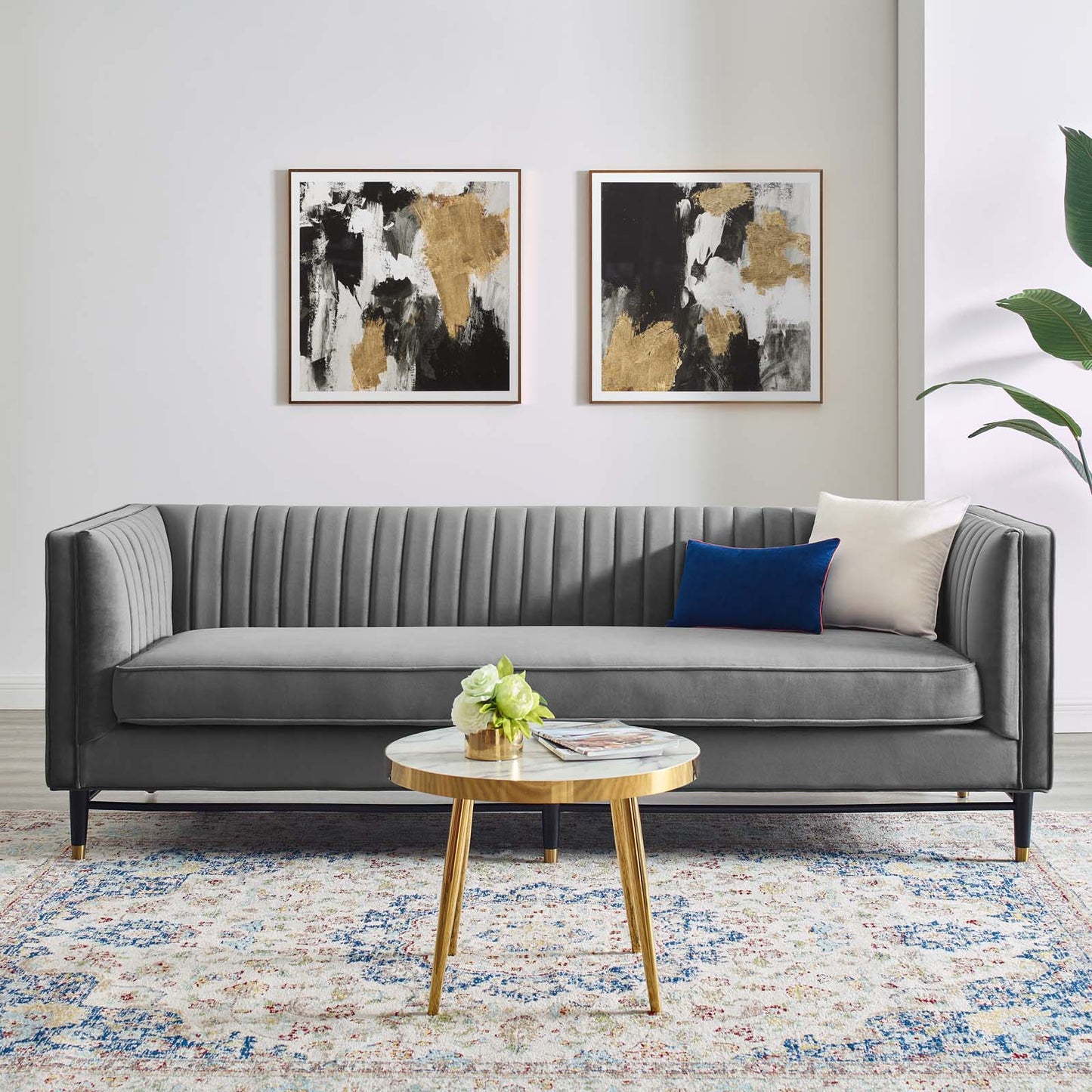 Devote Channel Tufted Performance Velvet Sofa, Velvet, Grey Gray, 20515