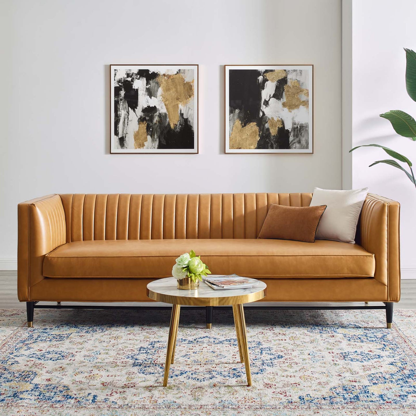 Devote Channel Tufted Vegan Leather Sofa, Faux Vegan Leather, Tan, 20516