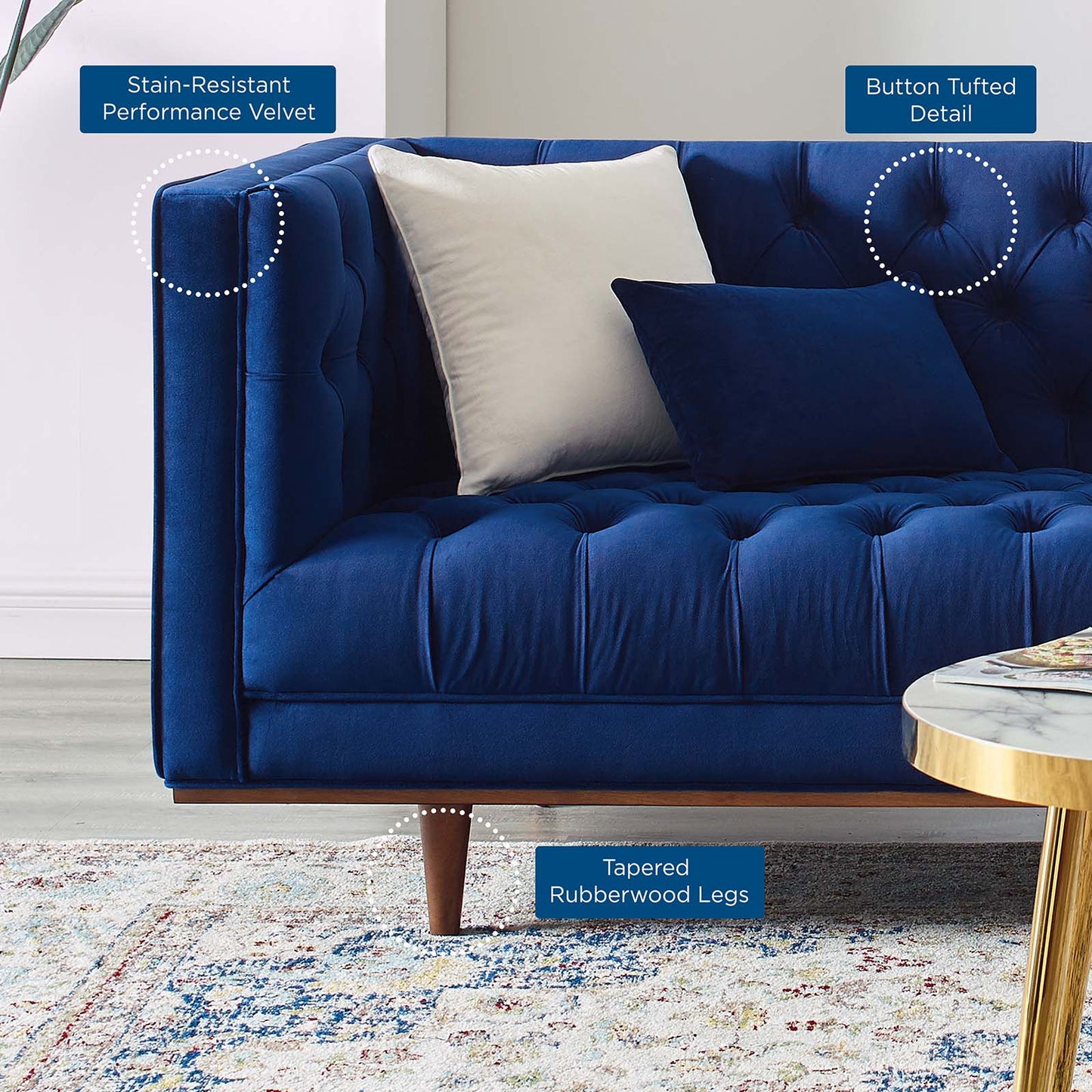 Elation Tufted Performance Velvet Sofa, Velvet, Blue Navy, 20519